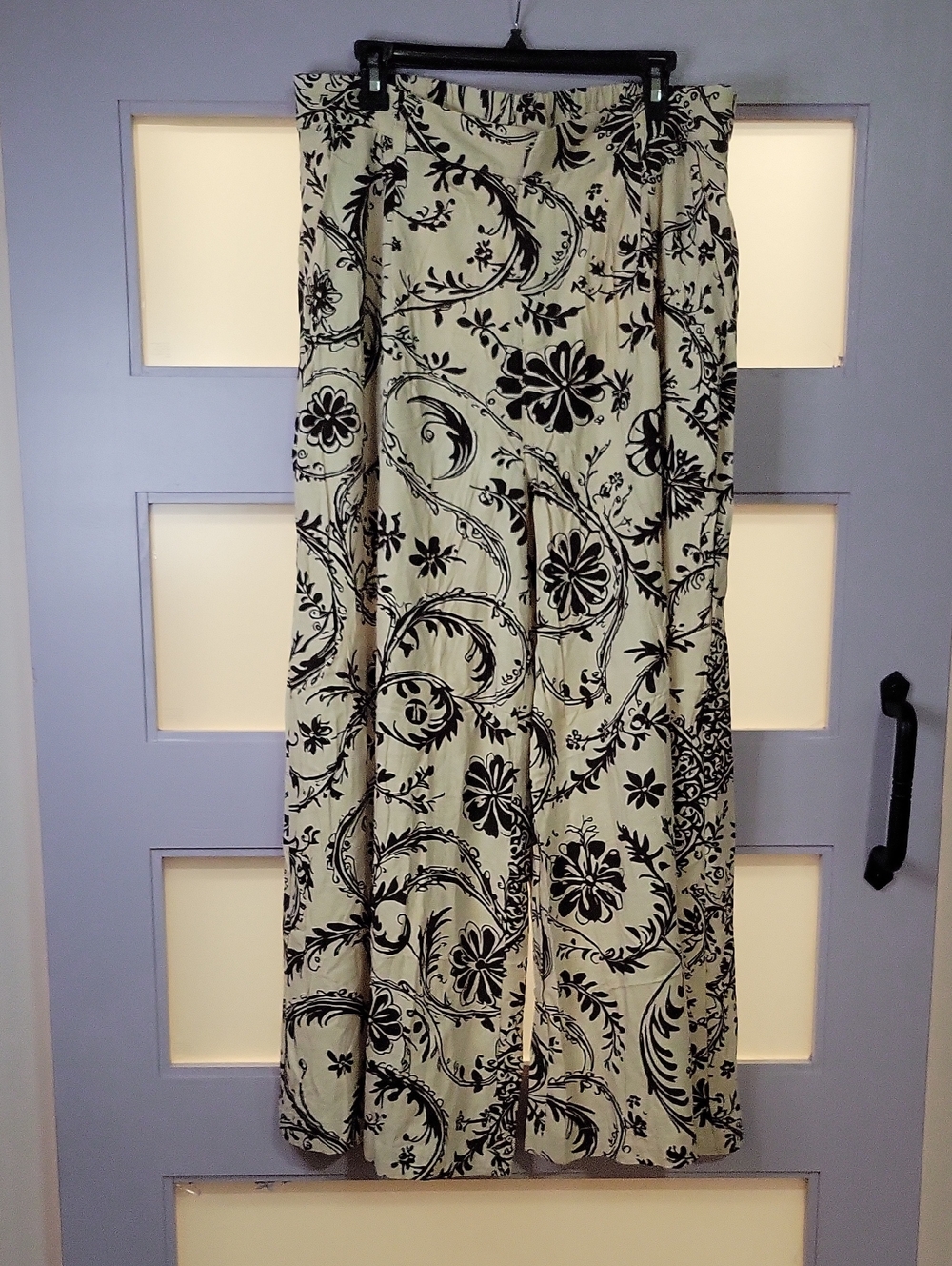 Cream & Black Wide Leg Pants with Floral Scroll Print